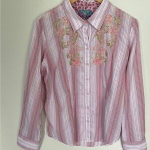 Robert Graham Woman’s  Pink Striped Floral Embroidered Button Down Shirt
